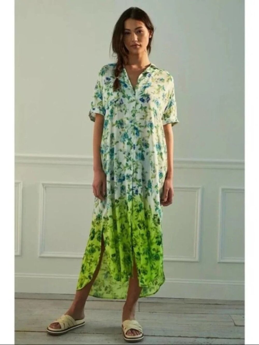 ANTHROPOLOGIE NAPOLI LIME GREEN FLORAL BUTTON-DOWN MAXI | SIZE M |